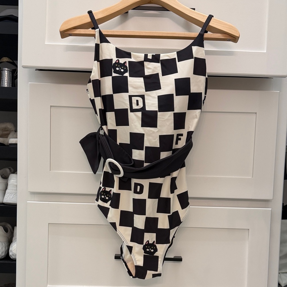 Black & White Checker One-Piece Swimsuit with Belt